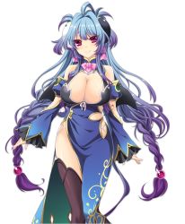 Rule 34 | 1girl, bare shoulders, blue hair, braid, breasts, cleavage, female focus, hair ornament, hikage eiji, huge breasts, koihime musou, large breasts, long hair, looking at viewer, low-braided long hair, low-tied long hair, multicolored hair, purple eyes, purple hair, revealing clothes, simple background, smile, solo, twin braids, twintails, very long hair
