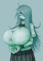 Rule 34 | 1girl, 2b-ge, :3, ahoge, bags under eyes, breasts, buttons, chestnut mouth, gigantic breasts, green hair, green shirt, hair over one eye, heart, heart hands, highres, long sleeves, looking at viewer, mei (2b-ge), no nose, original, school uniform, shirt, simple background, skirt, thick thighs, thighs, white shirt