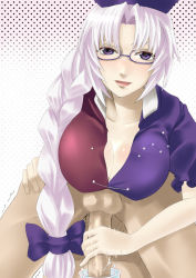 Rule 34 | 1boy, 1girl, bad id, bad pixiv id, bespectacled, braid, breasts, cleavage, cum, cum in container, cum in cup, cup, glasses, handjob, hat, large breasts, lips, long hair, penis, pinky out, purple eyes, purple hair, solo focus, testicles, touhou, uncensored, yagokoro eirin, yuu (archaic smile)