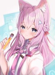 Rule 34 | 1girl, :3, absurdres, animal ear fluff, animal ears, blue eyes, blush, braid, braided bun, commentary, eyelashes, hair between eyes, hair bun, hair ribbon, hakui koyori, hand up, highres, holding vial, hololive, holox, lab coat, long hair, looking at viewer, maru ccy, necktie, pink hair, pink necktie, red ribbon, ribbon, sidelocks, simple background, smile, solo, upper body, vial, virtual youtuber, white background, wolf ears, wolf girl