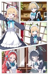 absurdres apron aris_(blue_archive) aris_(maid)_(blue_archive) black_hair blonde_hair blue_archive blue_eyes game_development_department_(blue_archive) green_eyes highres maid_apron maid_headdress midori_(blue_archive) midori_(maid)_(blue_archive) momoi_(blue_archive) momoi_(maid)_(blue_archive) official_alternate_costume official_alternate_hairstyle one_eye_closed pink_eyes ponytail purple_eyes red_hair toki_(blue_archive) xianyu_(pixiv9677779) yuzu_(blue_archive) yuzu_(maid)_(blue_archive)