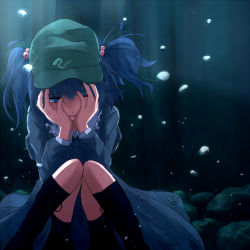 Rule 34 | 1girl, album cover, blue background, blue dress, blue eyes, blue hair, blue skirt, boots, bubble, commentary request, cover, cross-laced footwear, dress, female focus, frown, hair bobbles, hair ornament, hands on own face, hat, iru (konoheyaniou), kawashiro nitori, knee boots, knees together feet apart, lace-up boots, light, long sleeves, looking down, matching hair/eyes, one eye closed, pocket, rock, sitting, skirt, solo, touhou, twintails, two side up, underwater, wince, wink