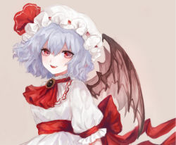 Rule 34 | 1girl, ascot, back bow, bat wings, beige background, blue hair, blush, bow, breasts, brooch, commentary request, dress, fangs, hair between eyes, hat, hat ribbon, highres, jewelry, kuromitsu maria, light blue hair, looking at viewer, mob cap, open mouth, puffy short sleeves, puffy sleeves, red ascot, red bow, red eyes, red ribbon, red sash, remilia scarlet, ribbon, sash, short hair, short sleeves, simple background, small breasts, smile, solo, standing, touhou, upper body, white dress, white hat, wings