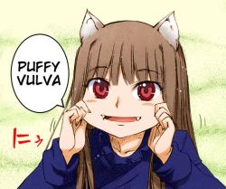 Rule 34 | 1girl, animal ears, brown hair, cheek pinching, english text, fang, grin, holo, long hair, looking at viewer, pinching, red eyes, smile, solo, spice and wolf, what, wolf ears