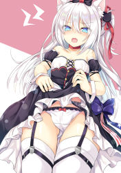 Rule 34 | 1girl, american flag, american flag print, animal ears, apron, azur lane, bare shoulders, black bow, black dress, blue bow, blue eyes, blush, bow, bow panties, cat ears, cat hair ornament, choker, clothes lift, collarbone, commentary request, dress, dress lift, fang, flag print, garter belt, hair between eyes, hair bow, hair ornament, hair ribbon, hammann (azur lane), highres, lifted by self, lightning bolt symbol, long hair, looking at viewer, nagare yoshimi, one side up, open mouth, panties, pink background, print ribbon, puffy short sleeves, puffy sleeves, red choker, red ribbon, remodel (azur lane), ribbon, short sleeves, silver hair, solo, thighhighs, two-tone background, underwear, very long hair, waist apron, white apron, white background, white panties, white thighhighs, wrist cuffs
