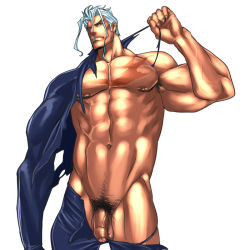 Rule 34 | 1boy, bara, foreskin, male focus, muscular, penis, rabbit (pixiv744412), scar, silver hair, solo, tagme, tattoo, undressing