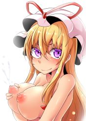 Rule 34 | 1girl, backlighting, blonde hair, blush, bow, breasts, breasts squeezed together, deep skin, female focus, from side, hair between eyes, hair bow, hat, hat ribbon, kanichiri, lactation, large breasts, long hair, looking at viewer, mob cap, nipples, puffy nipples, purple eyes, ribbon, shiny skin, sidelocks, simple background, smile, solo, topless frame, touhou, upper body, white background, yakumo yukari