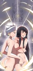 Rule 34 | 10s, 2girls, ass, between legs, black hair, blush, breast press, breasts, cleavage, eyebrows, fingering, full-face blush, hand between legs, highres, incest, kill la kill, kiryuuin ragyou, kiryuuin satsuki, large breasts, long hair, mature female, mother and daughter, multicolored hair, multiple girls, mushiboy, nude, rainbow hair, scar, smile, symmetrical docking, thick eyebrows, thigh gap, towel, towel on head, wet, yuri