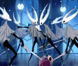 Rule 34 | 6+others, arizuka (catacombe), blue background, bug, cloak, commentary request, grey cloak, highres, holding, holding paper, holding sword, holding weapon, hollow knight, horns, indoors, lamp, looking at another, multiple others, paper, rain, sword, weapon, white headwear, window