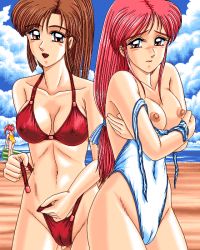 Rule 34 | 1980s (style), 3girls, :d, artist request, beach, bikini, blush, breasts, brown eyes, brown hair, cameltoe, cloud, covered erect nipples, covered navel, covering privates, covering nipples, dithering, long hair, looking at viewer, multiple girls, navel, nipples, ocean, oldschool, one-piece swimsuit, open mouth, red bikini, red eyes, retro artstyle, sky, smile, striped, swimsuit, twintails, wavy mouth, white one-piece swimsuit