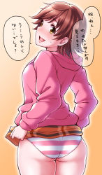 Rule 34 | 10s, 1girl, ass, blush, brown eyes, brown hair, clothes lift, from behind, honda mio, hood, hoodie, idolmaster, idolmaster cinderella girls, lifting own clothes, looking at viewer, looking back, open mouth, panties, plaid, plaid skirt, short hair, shouji nigou, skirt, skirt lift, smile, solo, striped clothes, striped panties, text focus, translation request, underwear