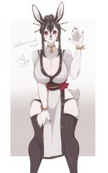 Rule 34 | 1girl, absurdres, animal ears, bare shoulders, black hair, black nails, black thighhighs, blush, breasts, circe ciri, cleavage, collarbone, commission, english text, furry, furry female, galette71799907, gradient background, hair between eyes, hair ornament, hair stick, hand up, highres, japanese clothes, large breasts, looking at viewer, open mouth, original, pelvic curtain, rabbit, rabbit ears, rabbit girl, rabbit tail, red eyes, rope, rope necklace, shadow, signature, simple background, skeb commission, smile, solo, standing, tail, teeth, thighhighs, white fur