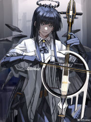 Rule 34 | 1girl, antenna hair, arknights, artist name, ascot, backlighting, belt, belt buckle, black ascot, black belt, black eyes, black gloves, black hair, black halo, black skirt, black sleeves, black wings, blunt bangs, bow (music), breasts, bright pupils, broken halo, buckle, cello, chinese commentary, collared jacket, colored inner hair, commentary request, cowboy shot, dark halo, detached wings, energy wings, erober, gloves, grey background, grey hair, grey shirt, halo, hands up, highres, hime cut, holding, holding bow (music), holding instrument, holding violin, index finger raised, instrument, jacket, layered sleeves, long hair, long sleeves, looking at viewer, miniskirt, mole, mole under eye, multicolored hair, music, open mouth, pale skin, playing, playing instrument, pleated skirt, shade, shirt, short over long sleeves, short-sleeved jacket, short sleeves, sidelocks, skirt, small breasts, smile, solo, standing, teeth, twitter username, two-tone hair, very long hair, violin, virtuosa (arknights), watermark, weibo logo, weibo watermark, white belt, white jacket, white pupils, wide sleeves, wing collar, wings