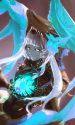 Rule 34 | 1girl, amano cigusa, duel monster, glowing, green eyes, long hair, monster girl, morinphen, personification, silver hair, solo, yu-gi-oh!