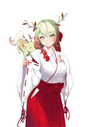 Rule 34 | 1girl, alternate costume, alternate hair color, antlers, blush, breasts, ceres fauna, cowboy shot, flower, gradient hair, green hair, hair flower, hair ornament, hakama, hakama skirt, highres, hololive, hololive english, horns, japanese clothes, medium breasts, miko, multicolored hair, nano (nanojyaa), nemu (ceres fauna), parted lips, qilin (mythology), red hair, red hakama, red skirt, skirt, solo, surprised, virtual youtuber, wide sleeves, yellow eyes