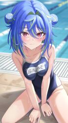 Rule 34 | 1girl, alternate costume, balflear (oe19nlud), blue hair, blue one-piece swimsuit, blush, breasts, breasts squeezed together, closed mouth, commentary request, competition swimsuit, double bun, full body, green hair, hair between eyes, hair bun, hair intakes, highres, long bangs, looking at viewer, medium breasts, medium hair, mole, mole under eye, multicolored hair, name tag, nanashi inc., one-piece swimsuit, pink eyes, pool, poolside, solo, suzumi nemo, swimsuit, two-tone hair, virtual youtuber, water