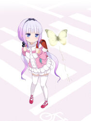 Rule 34 | 1girl, backpack, bag, black ribbon, blouse, blue eyes, blunt bangs, bug, butterfly, capelet, closed mouth, commentary, crosswalk, flats, frilled skirt, frills, hair ribbon, highres, insect, kanna kamui, kobayashi-san chi no maidragon, layered skirt, light frown, long hair, long sleeves, looking to the side, low twintails, mayafufu, miniskirt, pink shirt, purple hair, randoseru, red footwear, ribbon, road, shirt, skirt, solo, standing, thighhighs, twintails, very long hair, white capelet, white skirt, white thighhighs