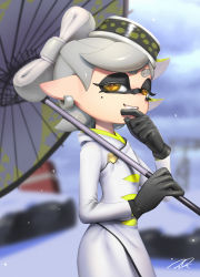Rule 34 | 1girl, black gloves, blurry, blurry background, coat, cross-shaped pupils, earrings, fang, gloves, grey hair, grey umbrella, grin, half-closed eyes, hand up, highres, holding, holding umbrella, inkling, jewelry, light green hair, long sleeves, marie (splatoon), mole, mole under eye, multicolored hair, nintendo, oil-paper umbrella, over shoulder, pointy ears, puchiman, short hair, smile, snow, snowing, solo, splatoon (series), splatoon 3, symbol-shaped pupils, teeth, tentacle hair, two-tone hair, umbrella, white coat, yellow eyes