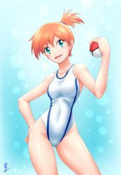 Rule 34 | 1girl, aozame takao, blue background, competition swimsuit, contrapposto, cowboy shot, creatures (company), game freak, gluteal fold, gradient background, gym leader, hand on own hip, highres, looking at viewer, misty (pokemon), nintendo, one-piece swimsuit, open mouth, orange hair, poke ball, poke ball (basic), pokemon, pokemon hgss, pokemon rgby, print swimsuit, short hair, side ponytail, signature, solo, standing, swimsuit, thighs, white one-piece swimsuit