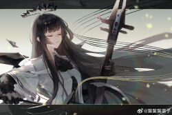 Rule 34 | 1girl, arknights, artist name, ascot, belt, belt buckle, black ascot, black bustier, black gloves, black hair, black halo, black wings, blunt bangs, bow (music), breasts, broken halo, buckle, bustier, buttons, cello, chinese commentary, chinese text, clear sky, closed eyes, closed mouth, collared jacket, commentary request, dark halo, detached wings, energy wings, floating hair, from side, gloves, grey sky, halo, highres, hime cut, holding, holding bow (music), holding instrument, holding violin, instrument, jacket, letterboxed, light smile, long hair, medium breasts, mole, mole under eye, music, outdoors, outside border, playing, playing instrument, rainbow, short-sleeved jacket, short sleeves, sidelocks, sky, smile, solo, staff (music), standing, sunlight, upper body, very long hair, violin, virtuosa (arknights), weibo 7796414672, weibo logo, weibo watermark, white belt, white jacket, wide sleeves, wings