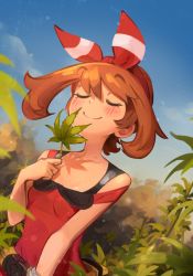 Rule 34 | 1girl, blurry, blush, bow hairband, breasts, brown hair, closed eyes, closed mouth, cloud, commentary, creatures (company), day, eyelashes, game freak, hairband, highres, holding, holding leaf, holding pot, khyle., leaf, marijuana, may (pokemon), nintendo, off shoulder, outdoors, pokemon, pokemon oras, pot, red hairband, red shirt, shirt, sky, smile, solo, upper body
