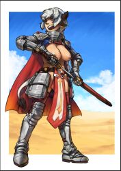 Rule 34 | 1girl, animal ears, armor, armored boots, blue eyes, blue sky, boots, border, breasts, brown horns, cape, cloud, commentary, cow ears, cow girl, cow horns, cow tail, day, desert, english commentary, full body, gauntlets, greaves, highres, holding, holding sword, holding weapon, horns, large breasts, long hair, looking afar, medium bangs, nandi (puchirisu), nipples, open mouth, original, outdoors, outside border, pauldrons, pelvic curtain, puchirisu, red cape, shoulder armor, sky, smile, solo, standing, sword, tail, teeth, upper teeth only, weapon, white border, white hair