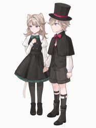 Rule 34 | 1boy, 1girl, absurdres, aged down, animal ears, black capelet, black dress, black footwear, black headwear, black pantyhose, black shorts, black socks, black vest, blonde hair, blush, boots, bow, bowtie, brother and sister, buttons, capelet, cat ears, cat girl, cat tail, closed mouth, collared dress, dress, expressionless, eyelashes, frilled shirt, frills, full body, genshin impact, green bow, green bowtie, hair intakes, hat, highres, holding hands, juliet sleeves, long hair, long sleeves, lynette (genshin impact), lyney (genshin impact), mnce o, multicolored clothes, multicolored dress, pantyhose, parted bangs, puffy sleeves, purple eyes, red bow, red bowtie, shirt, shoes, short hair, shorts, siblings, simple background, socks, standing, swept bangs, tail, top hat, vest, white background, white dress, white shirt