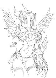 Rule 34 | 1girl, blush, breasts, butter-t, greyscale, horns, long hair, monochrome, monster girl, original, panties, pointy ears, scar, simple background, solo, tears, thighhighs, topless, underwear, white background, wings