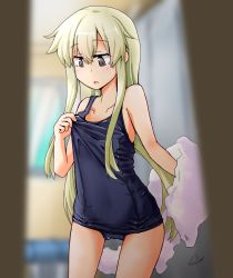 Rule 34 | 1girl, blonde hair, blue one-piece swimsuit, blurry, brown eyes, clothes pull, collarbone, commentary request, cowboy shot, depth of field, highres, kantai collection, long hair, looking down, old school swimsuit, one-piece swimsuit, one-piece swimsuit pull, school swimsuit, shimakaze (kancolle), solo, swimsuit, towel, ver norma2