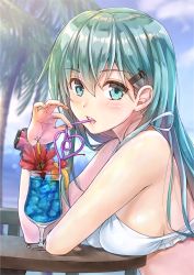 Rule 34 | 10s, 1girl, alternate costume, aqua hair, beach, bikini, blue eyes, blush, breast rest, breasts, breasts on table, cherry, cocktail, crazy straw, cup, day, drink, drinking, drinking glass, drinking straw, fingernails, flower, food, frilled bikini, frills, from side, fruit, hair between eyes, hair ornament, hairclip, heart straw, hibiscus, kantai collection, koyuki (kotatsu358), long hair, looking at viewer, medium breasts, ocean, open mouth, outdoors, palm tree, solo, suzuya (kancolle), swimsuit, table, tree, upper body, white bikini, wrist cuffs