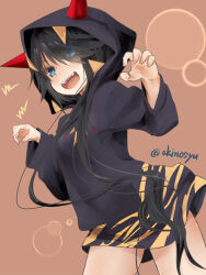 Rule 34 | 1girl, :d, akino shuu, black hair, black hoodie, blue eyes, blush, brown background, claw pose, commentary request, eyes visible through hair, fake horns, hair over one eye, hood, hood up, hoodie, horned hood, horns, kako (kancolle), kantai collection, long hair, long sleeves, looking at viewer, open mouth, simple background, smile, solo, twitter username, v-shaped eyebrows, very long hair