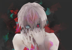 Rule 34 | 1boy, bare shoulders, black nails, black sclera, brown background, collarbone, colored sclera, face, grey eyes, grey hair, hands on own face, hands up, heterochromia, highres, kaneki ken, kyoya (0o-7snow7-o0), looking at viewer, male focus, nail polish, open mouth, red background, red eyes, short hair, solo, tokyo ghoul