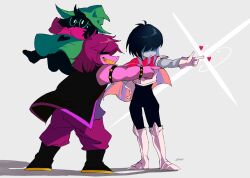 Rule 34 | 1boy, 1girl, 1other, androgynous, armlet, armor, black bodysuit, black footwear, black hair, black vest, bodysuit, bodysuit under clothes, bracelet, breastplate, cape, colored skin, covered eyes, deltarune, expressionless, from side, full body, furry, furry female, furry male, glasses, gloves, greaves, green-framed eyewear, green headwear, grey background, grey skin, grin, hair over eyes, hand on own hip, hat, heart, highres, jewelry, kris (deltarune), medium hair, outstretched arm, pants, pink scarf, pink skin, pointing, pointing forward, purple hair, purple pants, ralsei, red cape, round eyewear, scarf, shaded face, sharp teeth, shoes, short hair, signature, simple background, smile, sonokare, spiked armlet, spiked bracelet, spikes, standing, susie (deltarune), teeth, vest, white gloves, witch hat