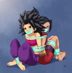 Rule 34 | 2girls, arms behind back, ass, bdsm, black eyes, bondage, bound, bound ankles, bound arms, bound legs, bound together, bound wrists, breasts, caulifla, cleavage, collarbone, dragon ball, dragon ball super, earrings, gag, gagged, improvised gag, jewelry, kale (dragon ball), looking at viewer, lost one zero, multiple girls, sideboob, small breasts, tape, tape bondage, tape gag