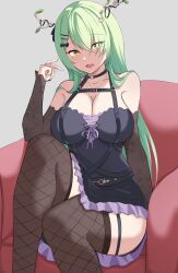 Rule 34 | 1girl, antlers, black choker, black dress, breasts, ceres fauna, ceres fauna (goth), choker, cleavage, detached sleeves, dress, fishnet thighhighs, fishnets, goth fashion, green hair, hair between eyes, heart, heart choker, highres, hololive, hololive english, horns, large breasts, leaf, long hair, looking at viewer, mole, mole under eye, official alternate costume, open mouth, self-upload, sleeveless, sleeveless dress, straight hair, thighhighs, thighs, virtual youtuber, yellow eyes, zeropen