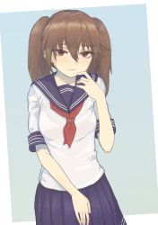 Rule 34 | 1girl, alternate costume, blue sailor collar, blue skirt, blush, brown hair, closed mouth, hair between eyes, highres, kantai collection, long hair, looking at viewer, neckerchief, nito (nshtntr), red eyes, red neckerchief, ryuujou (kancolle), sailor collar, school uniform, serafuku, short sleeves, simple background, skirt, solo, twintails