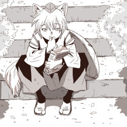 Rule 34 | 1girl, animal ears, eating, female focus, hat, holding, inubashiri momiji, japanese clothes, monochrome, onikobe rin, shield, sitting, skirt, solo, stairs, tail, tokin hat, touhou, wolf ears, wolf tail