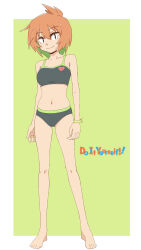 Rule 34 | 1girl, bare arms, barefoot, bikini, black bikini, bracelet, breasts, closed mouth, commentary, copyright name, do it yourself!!, enoya-eno, feet, full body, hair between eyes, heart, highres, jewelry, long legs, looking at viewer, navel, orange hair, short hair, small breasts, smile, solo, standing, swimsuit, toes, yasaku rei