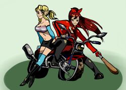 Rule 34 | 2girls, alternate costume, alternate hairstyle, artist request, bandeau, baseball bat, biker clothes, blonde hair, boots, brown eyes, cropped jacket, enfant-des-reves, erza scarlet, fairy tail, holding, holding baseball bat, looking at viewer, lucy heartfilia, motor vehicle, motorcycle, multiple girls, navel, ponytail, red hair, thighhighs, twintails