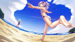 Rule 34 | 2girls, ass, barefoot, beach, bikini, blue sky, cloud, cloudy sky, commentary request, contrail, day, feet, fisheye, foreshortening, from behind, hair ornament, horizon, kagamine rin, leg up, looking at viewer, medium hair, multiple girls, ocean, open mouth, outdoors, outstretched arms, purple eyes, purple hair, running, sky, smile, soles, solo focus, soon (c-u-soon), swimsuit, vocaloid, wading, waves, yuzuki yukari