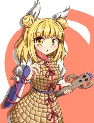 Rule 34 | 1girl, 495-flan, :o, armor, armored dress, blonde hair, blush, commentary request, cowboy shot, double bun, drop shadow, hair between eyes, hair bun, haniwa (statue), highres, joutouguu mayumi, looking at viewer, puffy short sleeves, puffy sleeves, red background, shirt, short hair, short sleeves, solo, standing, touhou, two-tone background, vambraces, white background, white shirt, yellow eyes
