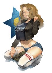 Rule 34 | 10s, 1girl, absurdres, arched back, black shirt, blonde hair, blue eyes, blue shorts, breasts, crop top, crop top overhang, cropped jacket, cutoffs, denim, denim shorts, full body, girls und panzer, hair flip, highres, kay (girls und panzer), kneeling, large breasts, lips, long hair, looking at viewer, m4 sherman, midriff, military, military vehicle, motor vehicle, navel, parted lips, shiny skin, shirt, short shorts, shorts, skindentation, solo, tank, thighhighs, thighs, wavy hair, white thighhighs, yomu (sgt epper)