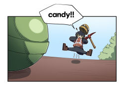 Rule 34 | 4koma, activity ant (gomulgong), ant girl, antennae, black gloves, black hair, boots, brown footwear, candy, comic, english text, food, gloves, gomulgong, helmet, original, pickaxe, shadow, short hair, sparkle, wide shot