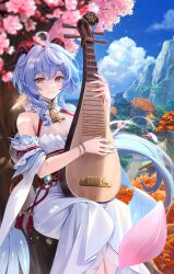 Rule 34 | 1girl, absurdres, ahoge, architecture, bare shoulders, bell, blue hair, blue sky, blush, breasts, dress, east asian architecture, ganyu (genshin impact), genshin impact, highres, horns, instrument, large breasts, long hair, looking at viewer, purple eyes, rity, sidelocks, sitting, sky, smile, solo, tree, white dress