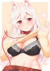 Rule 34 | 1girl, animal ear fluff, animal ears, belt, black bra, blush, border, bra, breasts, clothes lift, collar, commentary request, dog ears, heart, highres, large breasts, leash, long hair, looking at viewer, original, outside border, pink hair, red eyes, ribbed sweater, simple background, smile, solo, sweater, sweater lift, tachimi (basue), two-tone background, underwear, white border