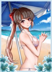 Rule 34 | 1girl, beach, beach umbrella, bikini, blue sky, breasts, brown eyes, brown hair, cloud, collarbone, covered erect nipples, day, female focus, flower, from side, hair ribbon, highres, long hair, looking at viewer, medium breasts, mole, mono kuroma, ocean, original, outdoors, own hands clasped, own hands together, parted lips, ponytail, ribbon, see-through, side-tie bikini bottom, sky, smile, solo, string bikini, swimsuit, umbrella, upper body, water