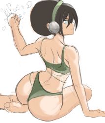 Rule 34 | 1girl, arm support, ass, avatar: the last airbender, avatar legends, bikini, female focus, from behind, highres, simple background, solo, swimsuit, tagme, toph bei fong, white background