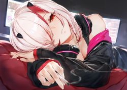 Rule 34 | 1girl, black jacket, breasts, cigarette, cleavage, commentary, computer, eyes visible through hair, hair between eyes, hair over one eye, headphones, headphones around neck, holding, holding cigarette, horns, indie virtual youtuber, indoors, izumi sai, jacket, looking at viewer, lying, medium breasts, monitor, multicolored hair, off shoulder, on stomach, oni horns, open clothes, open jacket, red eyes, red hair, short hair, silver hair, smile, smoke, solo, streaked hair, two-tone hair, unzipped, utsutsu yomi, virtual youtuber