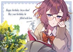 Rule 34 | 1girl, anya melfissa, book, bow, bowtie, braid, brown hair, collared shirt, colored inner hair, dated, english text, flower, glasses, happy birthday, hololive, hololive indonesia, long skirt, multicolored hair, pochi (pochi-goya), purple eyes, shirt, short eyebrows, short hair, side braid, signature, skirt, solo, streaked hair, sweater, virtual youtuber