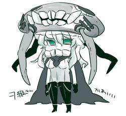 Rule 34 | 10s, abyssal ship, bodysuit, cape, chibi, green eyes, hair between eyes, hime kake, kantai collection, personification, silver hair, wo-class aircraft carrier